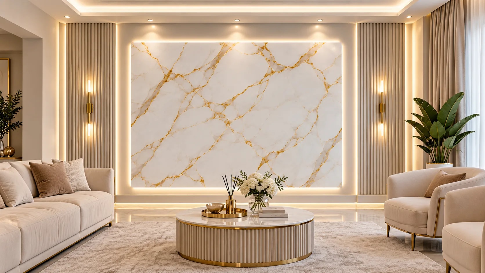 Mermer damar 3D duvar paneli, döşenmiş salon görünümü