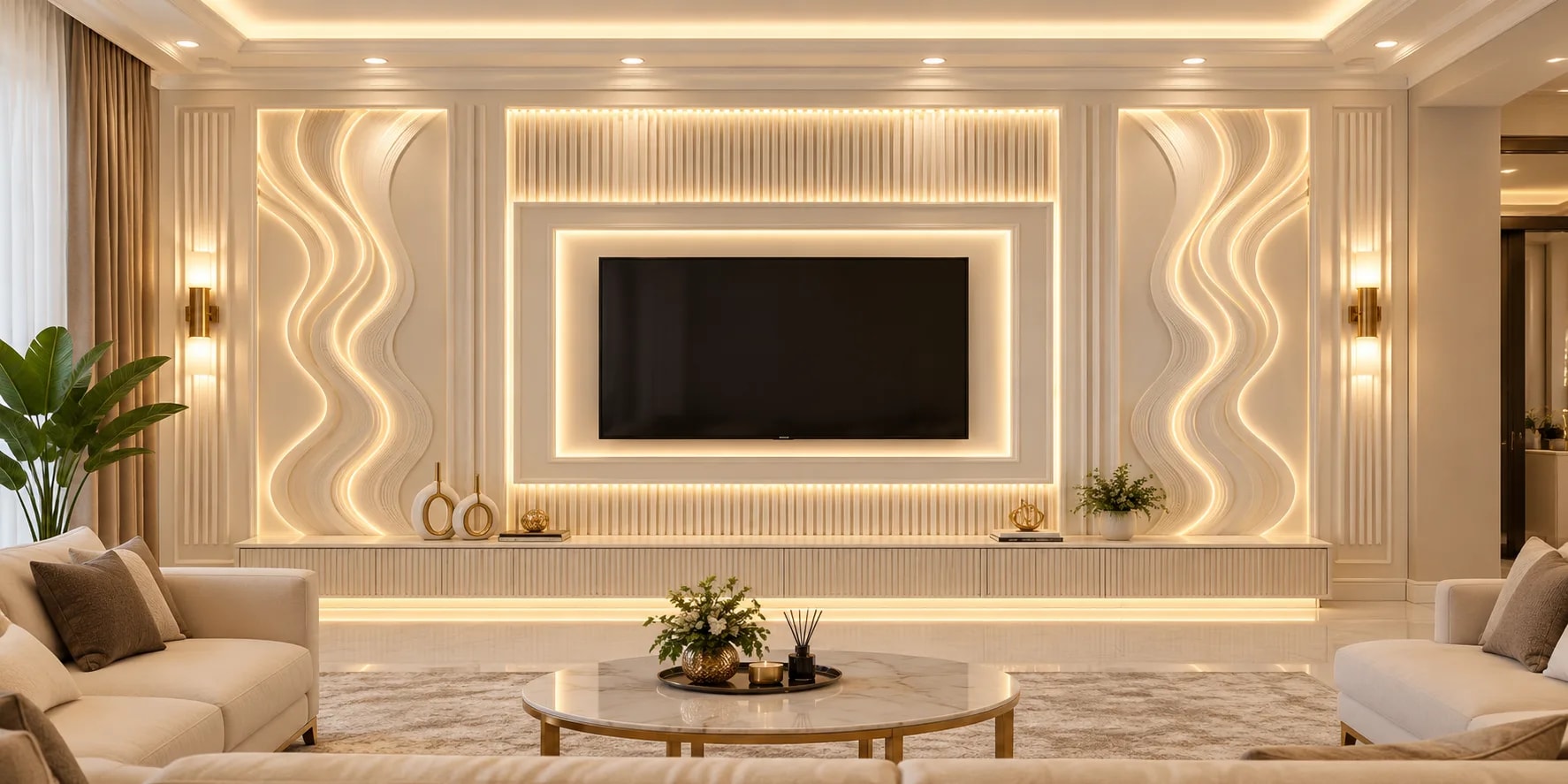 Dalga ritmi 3D duvar paneli, döşenmiş salon görünümü