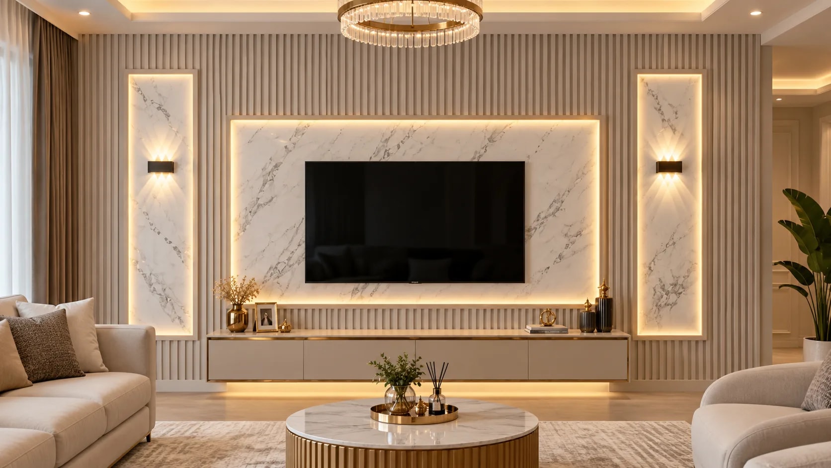 Mermer göbek 3D duvar paneli, döşenmiş salon görünümü