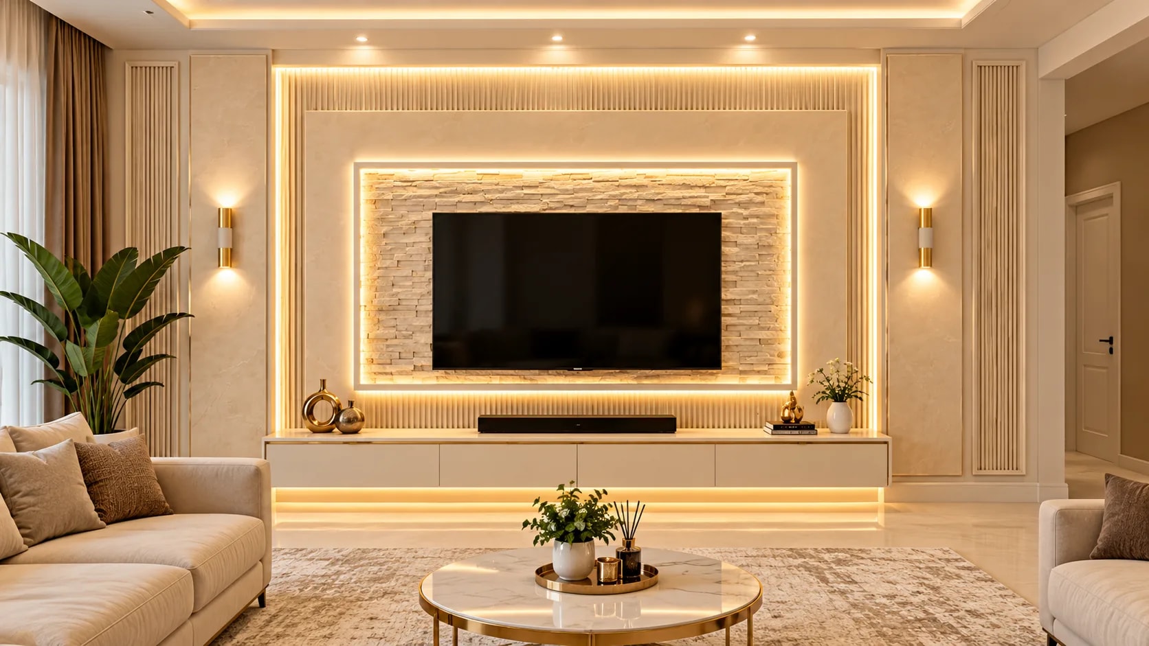 Kum dalgası 3D duvar paneli, döşenmiş salon görünümü
