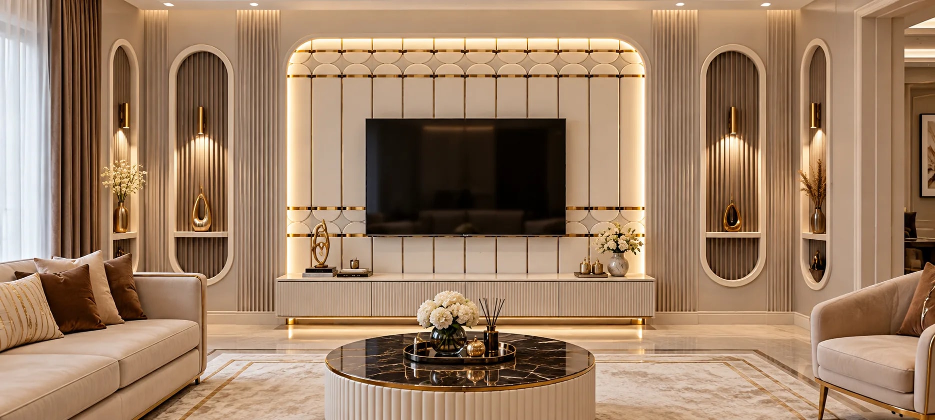 Dikey çıta 3D duvar paneli, döşenmiş salon görünümü