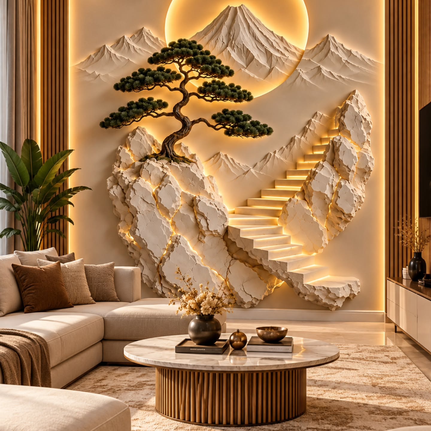 Bonsai ve Merdiven 3D duvar posteri, döşenmiş oda görünümü