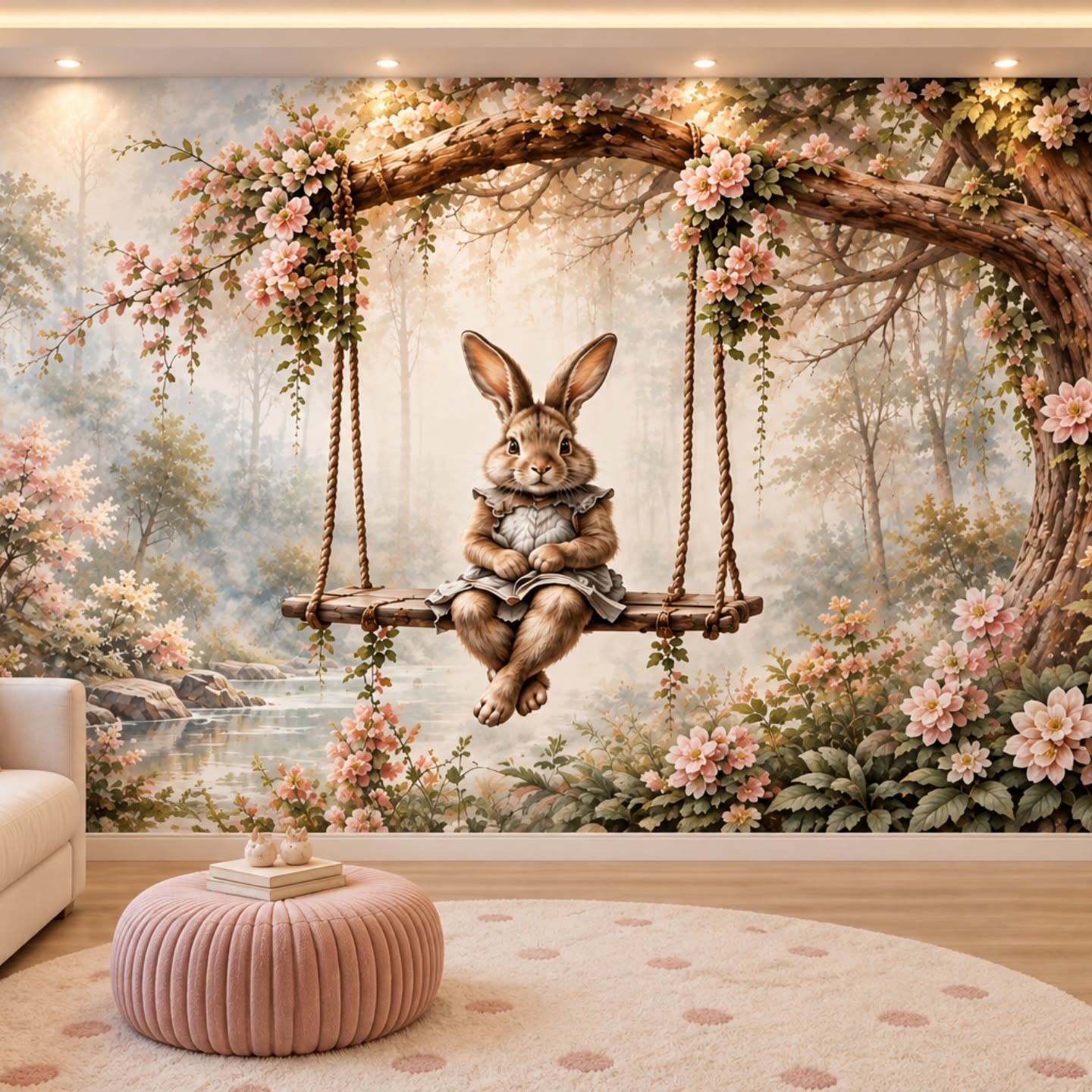 Salıncakta Tavşan 3D duvar posteri, döşenmiş oda görünümü