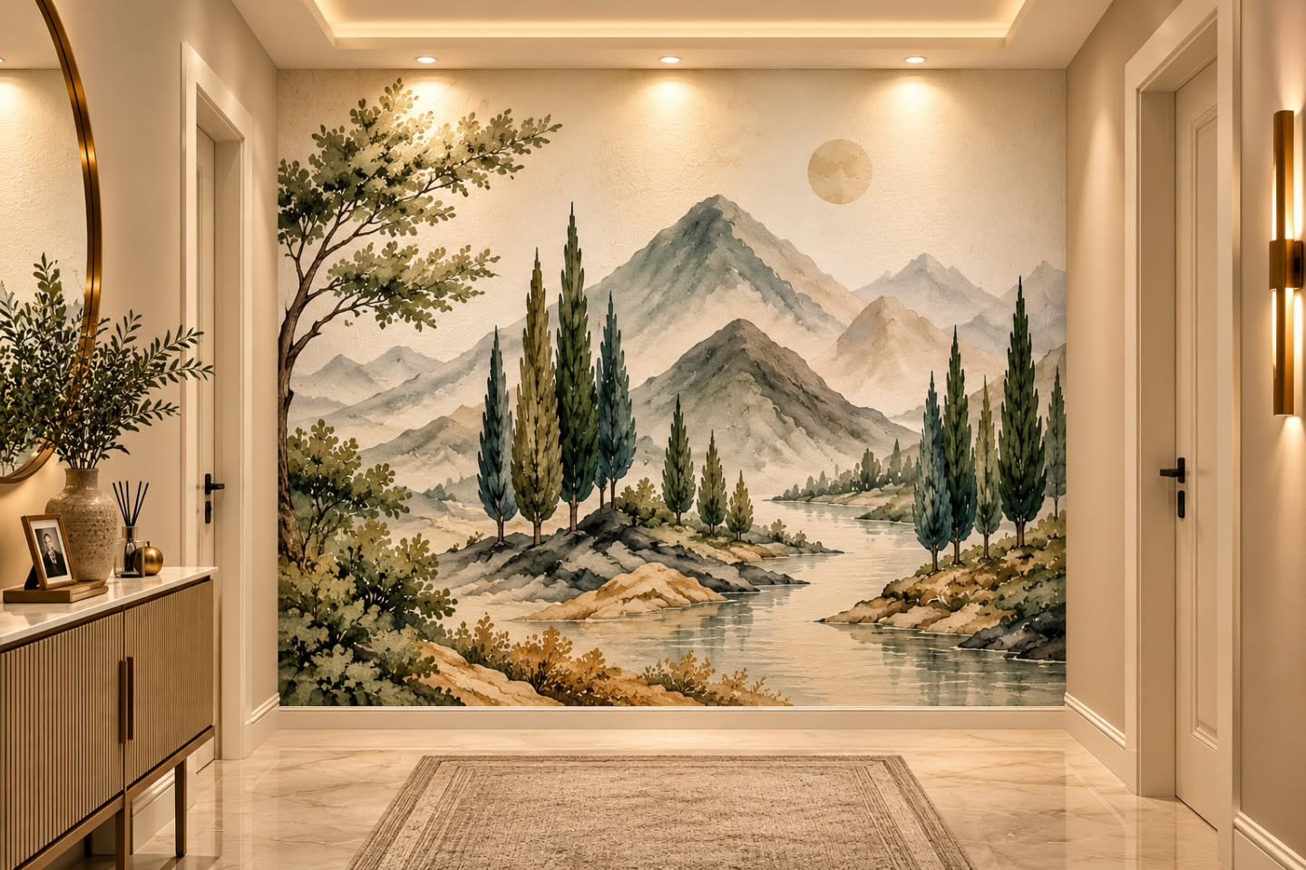 Dağ Gölü Manzarası 3D duvar posteri, döşenmiş oda görünümü 3
