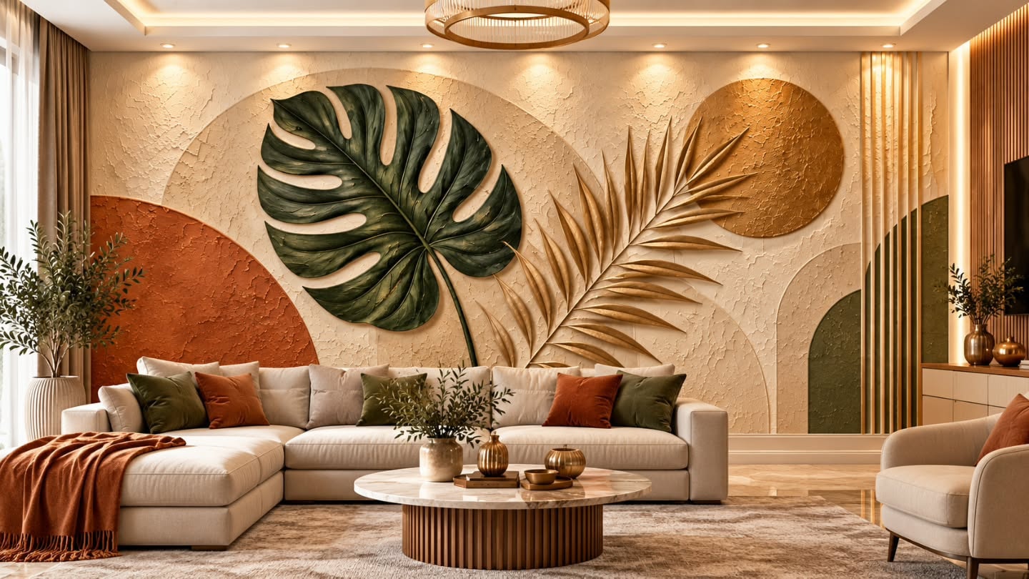 Monstera ve Altın Daire 3D duvar posteri, döşenmiş oda görünümü