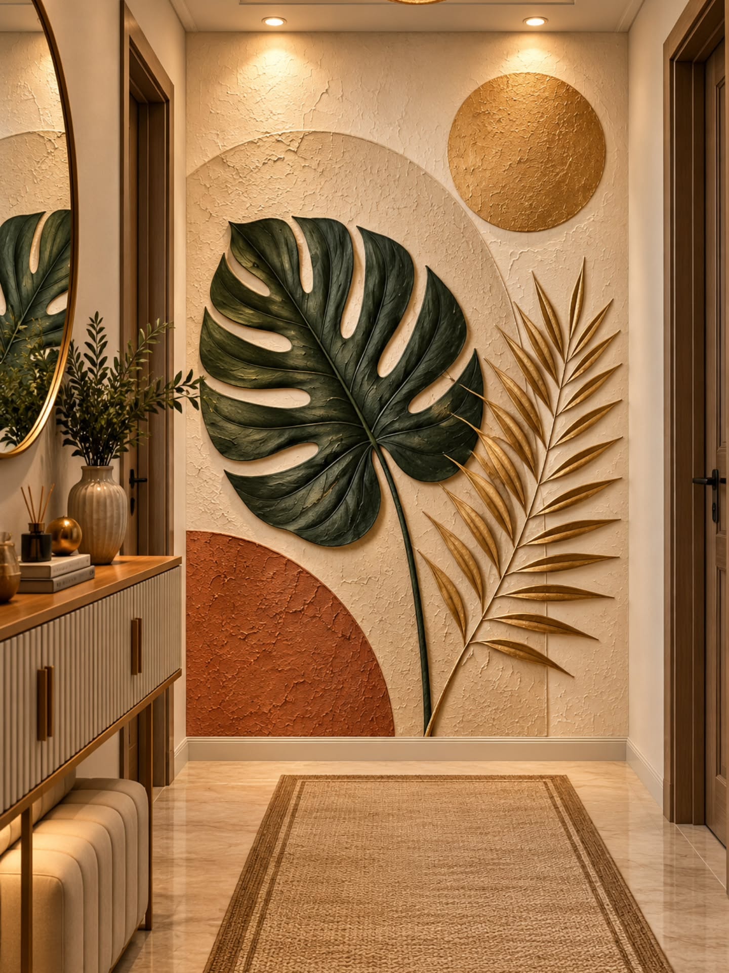 Monstera ve Altın Daire 3D duvar posteri, döşenmiş oda görünümü 2