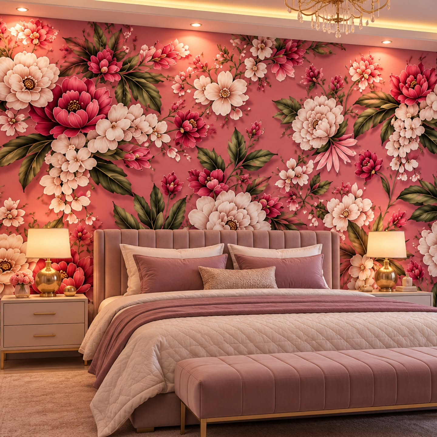 Pembe Şakayık Duvarı 3D duvar posteri, döşenmiş oda görünümü