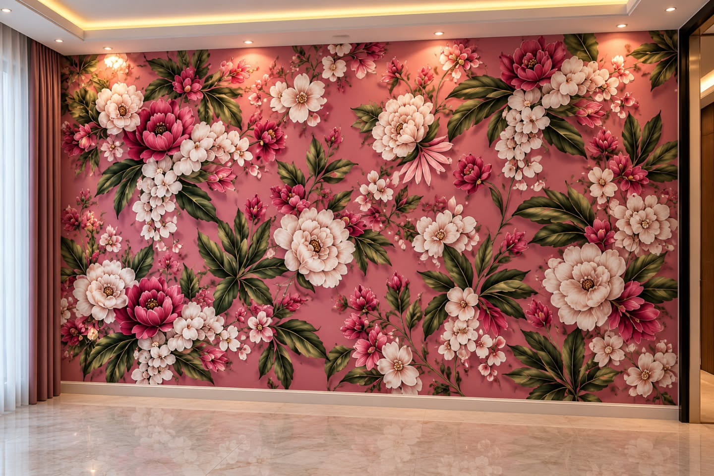Pembe Şakayık Duvarı 3D duvar posteri, mobilyasız duvar görünümü
