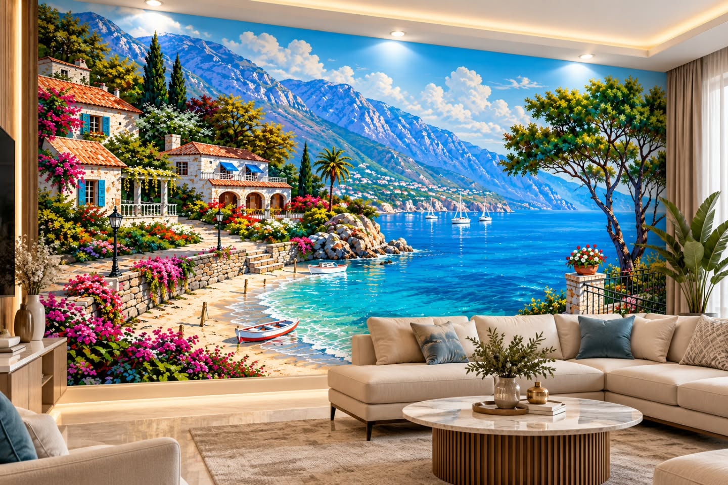 Akdeniz & Deniz 3D duvar posteri, döşenmiş oda görünümü