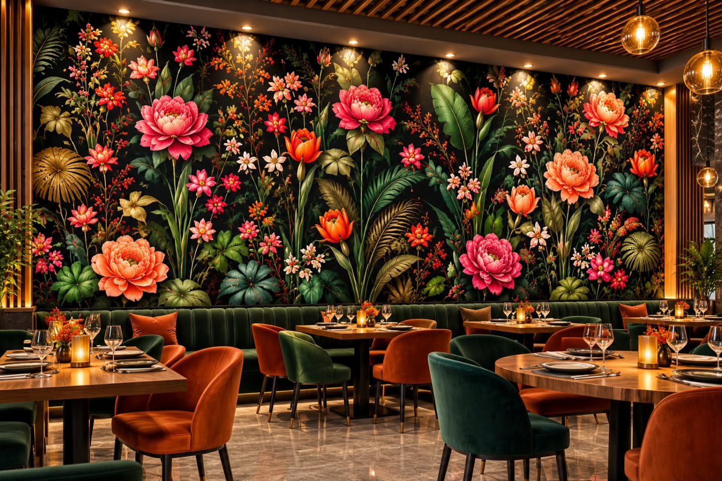 Gece Bahçesi Restoran 3D duvar posteri, döşenmiş oda görünümü