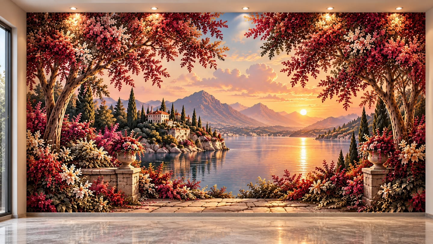 Sonbahar Gölü 3D duvar posteri, mobilyasız duvar görünümü