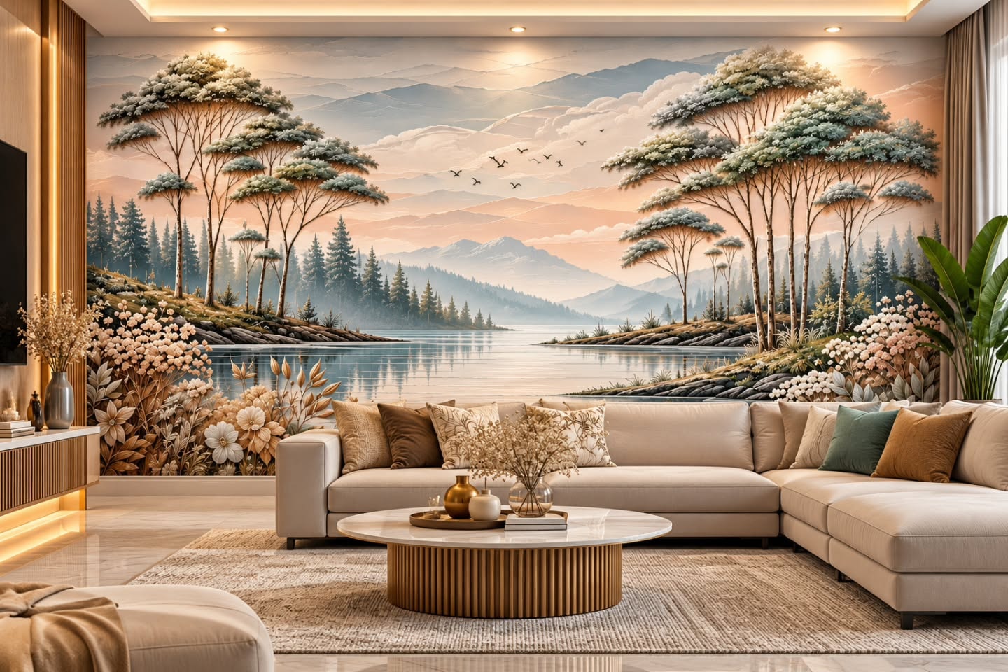 Göl & Ağaç 3D duvar posteri, döşenmiş oda görünümü