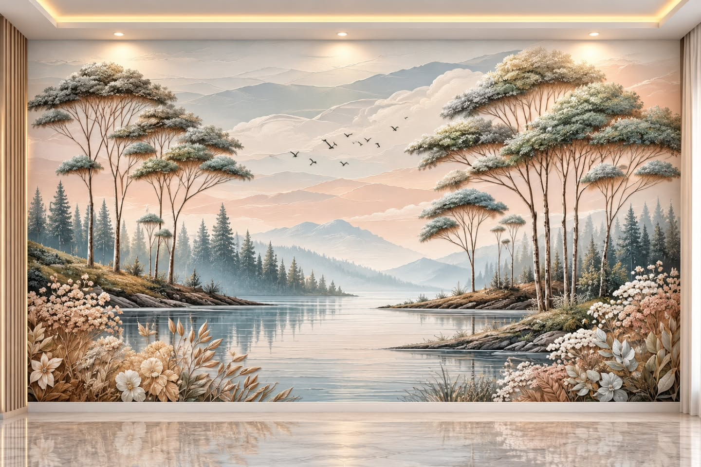 Göl & Ağaç 3D duvar posteri, düz tasarım görünümü