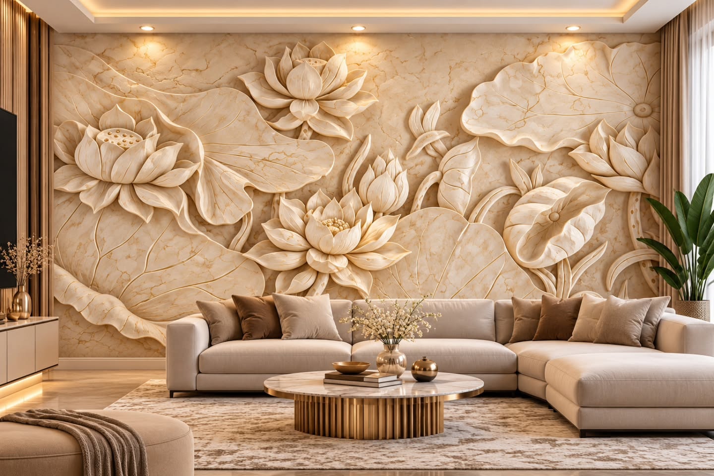 Lotus & Çiçek 3D duvar posteri, döşenmiş oda görünümü