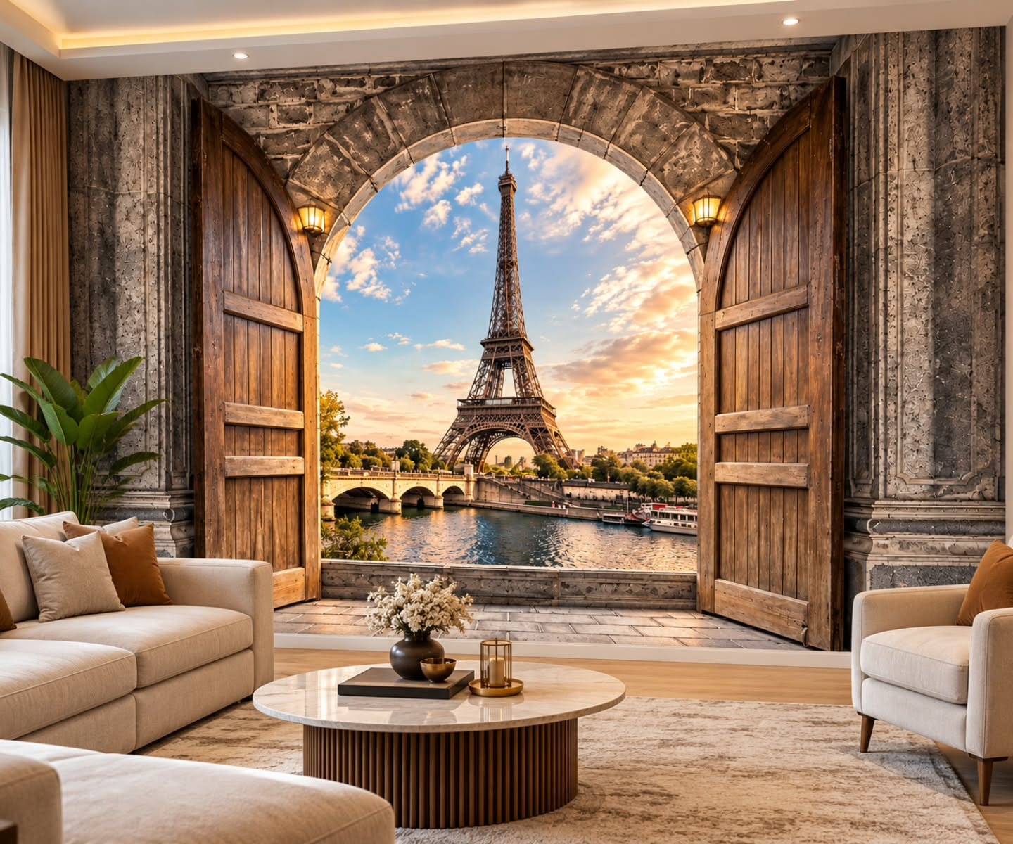 Paris & Kapı 3D duvar posteri, döşenmiş oda görünümü