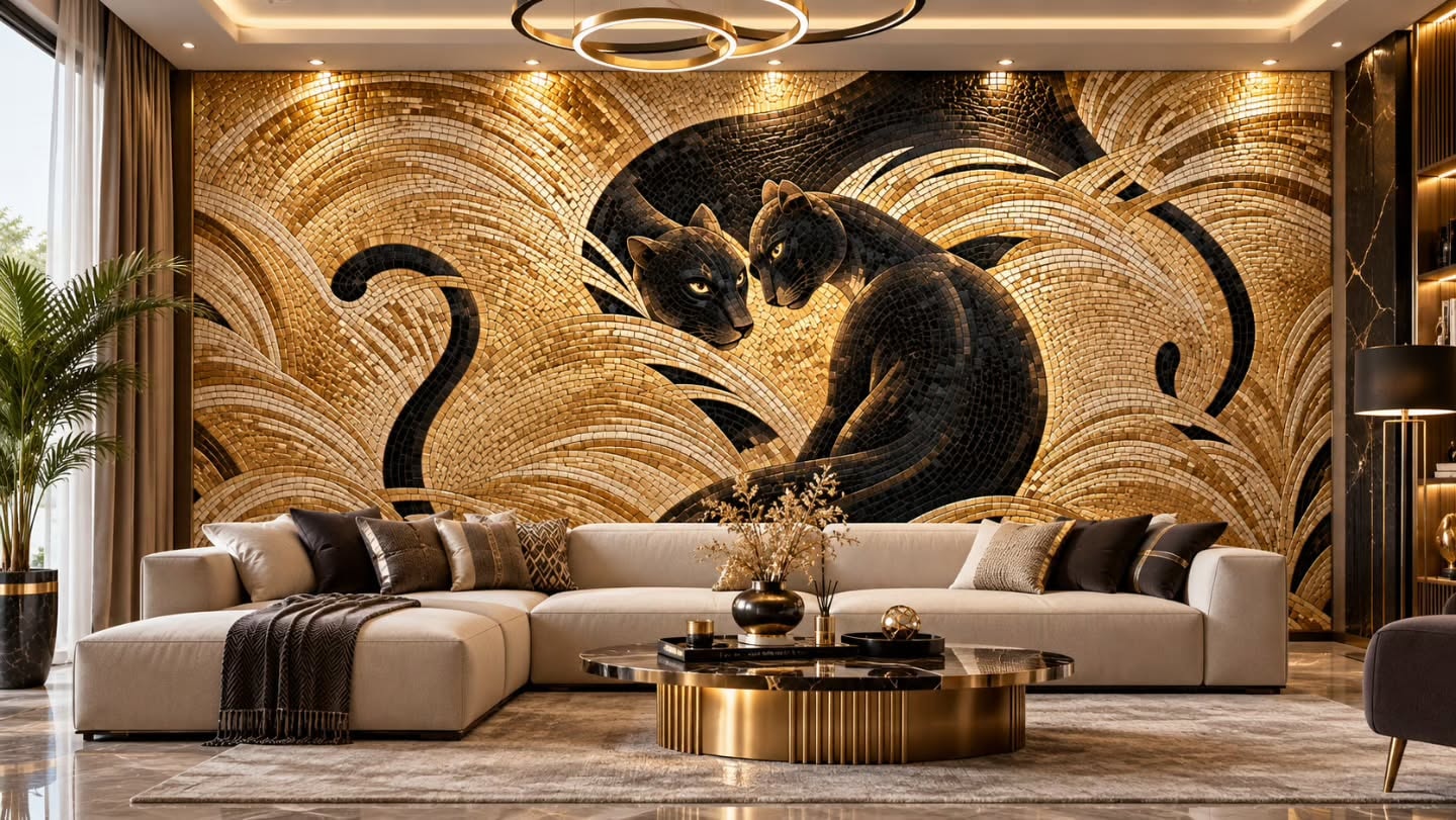 Panter ve Altın 3D duvar posteri, döşenmiş oda görünümü