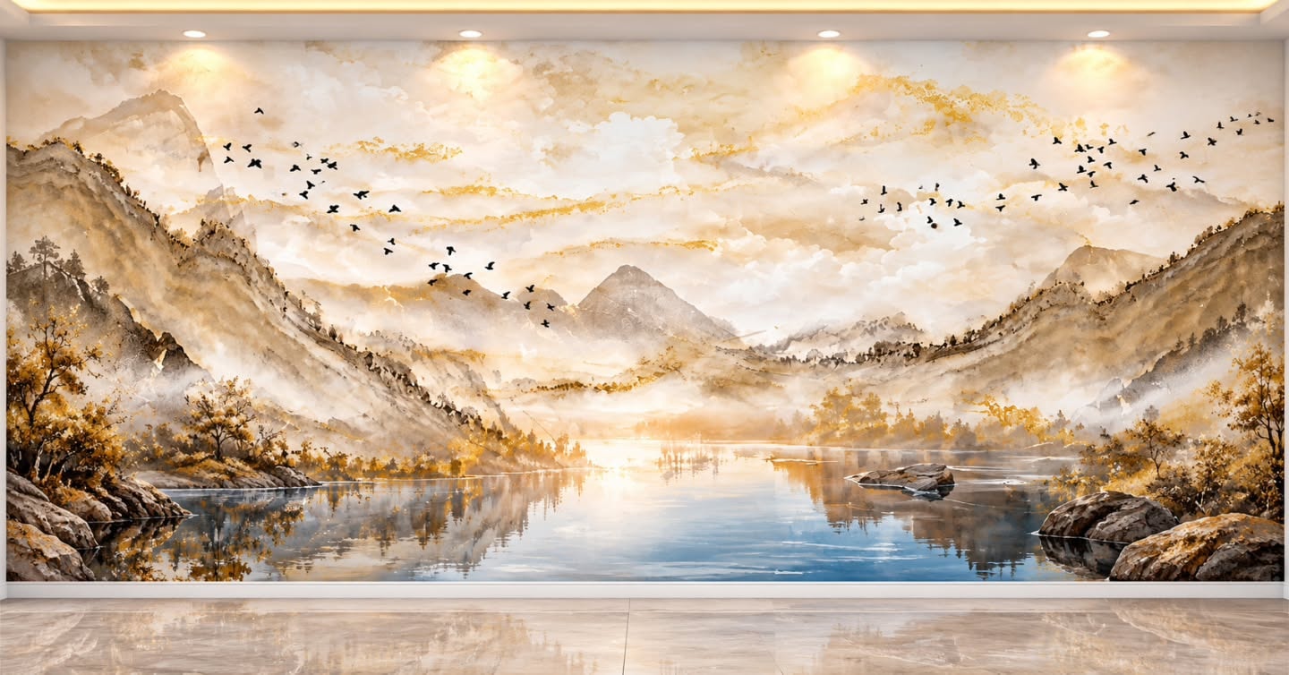 Dağ & Gökyüzü 3D duvar posteri, düz tasarım görünümü